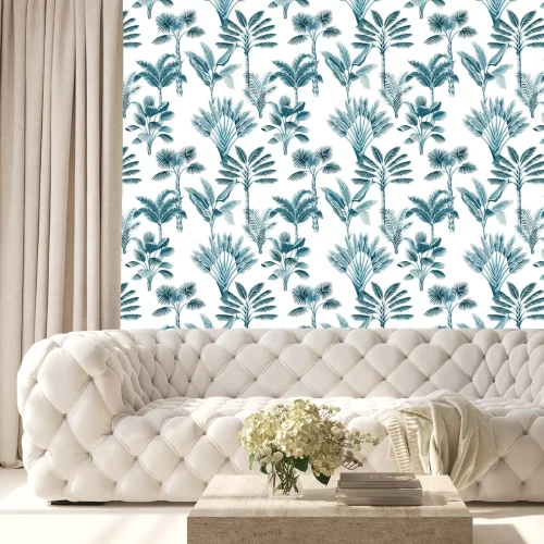 Tapete Tropical vintage blue palm trees, banana tree floral seamless pattern white background. Exotic jungle wallpaper.