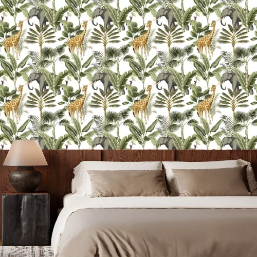Tapete Tropical vintage elephant, giraffe wild animals, palm tree and plant floral seamless pattern white background. Exotic jungle safari wallpaper.