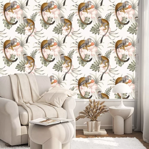 Tapete Affen sitzen auf tropischen Blumen