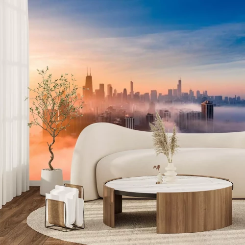 Fototapete Sonnenaufgang in einer nebligen Metropole