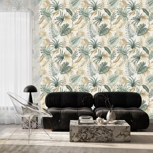 Tapete Beige Blätter im Boho-Stil