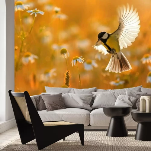 Fototapete Gänseblümchen und Vogel