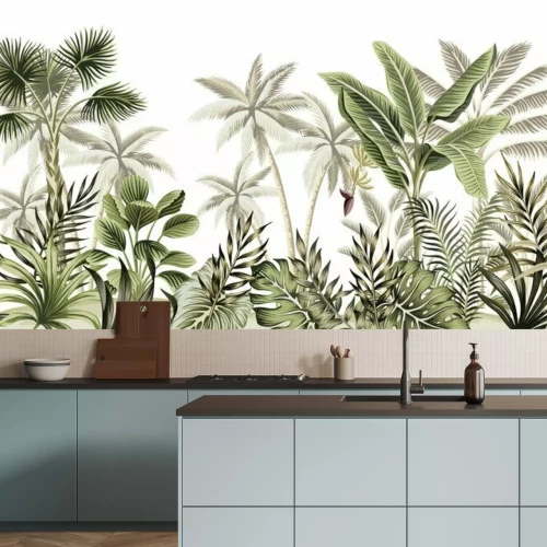 Fototapete Tropical vintage botanical landscape, palm tree, banana tree, plant floral seamless border white background. Exotic green jungle wallpaper.