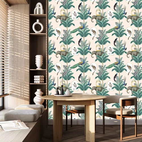 Tapete Exotische Elefanten, Affen und Pflanzen