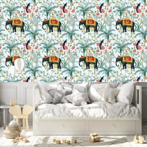 Tapete Elefanten, Affen und Vögel mit tropischen Pflanzen