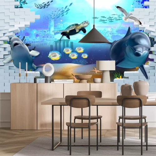 Sticker 3d Fische und Meerestiere hinter einer Wand