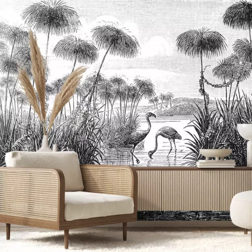 Sticker Vintage and retro collage illustration of Flamingo birds from Brockhaus Konversations-Lexikon 1908 background