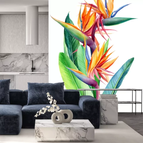 Sticker Ein Strauß tropischer Pflanzen und Strelitzienblätter auf weißem Hintergrund.