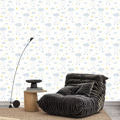 Tapete Seamless vector pattern with clouds, rain and stars on white background. Gentle night sky children wallpaper design. Ideal for fabric, baby clothes, children room decoration.