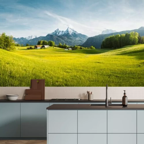 Fototapete Grünes Tal mit Blick auf die Alpen