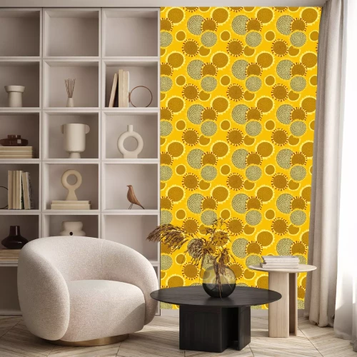 Tapete Bright seamless pattern with sunflowers on a rich yellow background. Abstract floral print in hand-drawn style. Excellent design for fabrics, Wallpaper, sunflower oil packaging, health food...Vector.