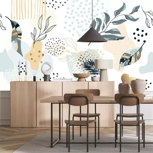 Sticker Muster mit tropischen Pflanzen und geometrischen Elementen