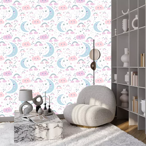 Tapete Nahtloses nettes Muster mit Wolken und Mond. Süßer Traum im Kawaii-Stil.