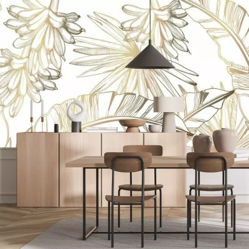 Sticker Palm leaves and bananas pattern golden tropic vector line art. Summer poster exotic decorations