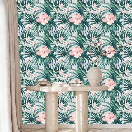 Tapete Rosa Blüten und Blätter auf rosa Hintergrund