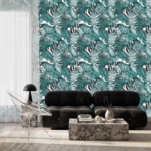 Tapete Nahtloses Muster des Aquarells mit tropischen Blättern: Palmen, Monstera, Maracuja. Wunderschöner Allover Print mit handgezeichneten exotischen Pflanzen. Botanischer Entwurf der Badebekleidung.