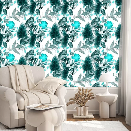 Tapete Modedruck. Nahtloses Muster des Aquarells mit tropischen Blättern, Vogel, Schlange. Exotischer Hintergrund.