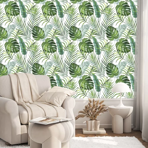 Tapete Tropische Pflanzen Blätter und Blumen nahtlose Muster. Design Konzept