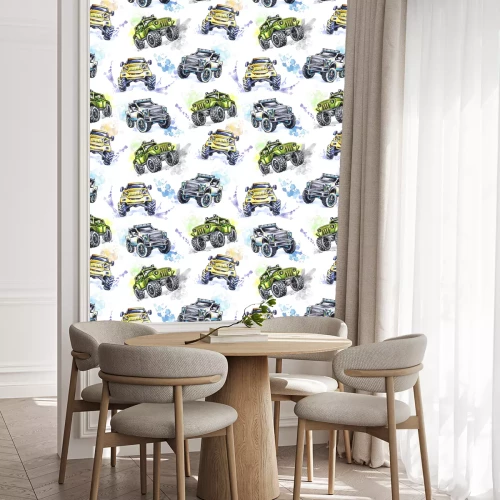 Tapete Aquarell nahtlose Muster Cartoon Monster Trucks. Bunter Extremsporthintergrund. 4x4. Geländewagen SUV. Lebensstil. Das Hobby des Mannes.