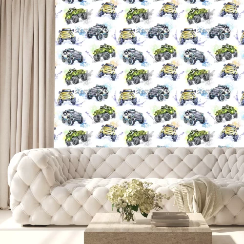 Tapete Aquarell nahtlose Muster Cartoon Monster Trucks. Bunter Extremsporthintergrund. 4x4. Geländewagen SUV. Lebensstil. Das Hobby des Mannes.