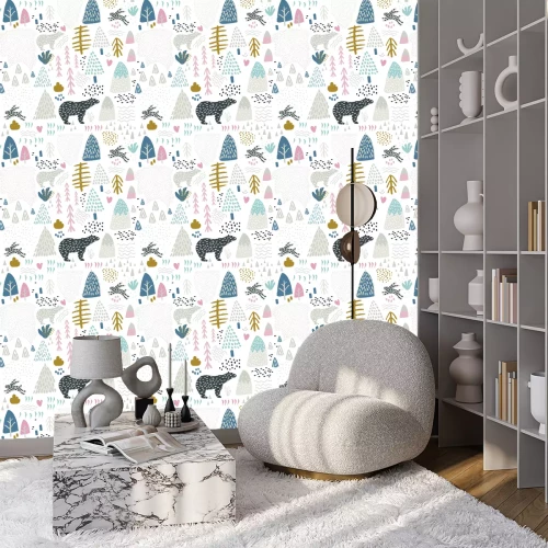 Tapete Nahtloses Muster mit Häschen, Eisbären, Waldelementen und Hand gezeichneten Formen. Kindische Textur. Ideal für Stoff, Textil-Vektor-Illustration
