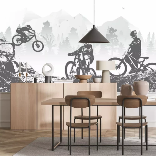 Fototapete Radfahrer auf einer Bergstrecke monochrome Grafik