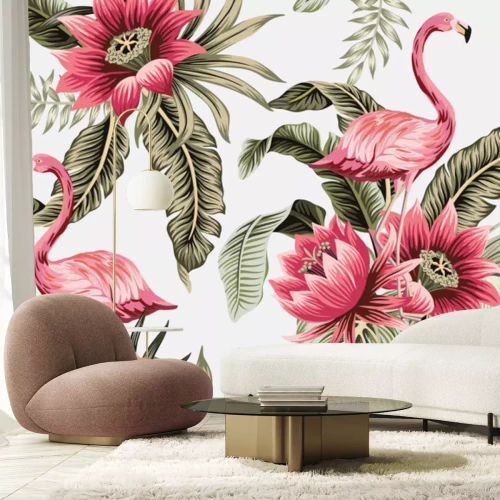 Sticker Tropical vintage pink flamingo, pink hibiscus, palm leaves floral seamless pattern grey background. Exotic jungle wallpaper.