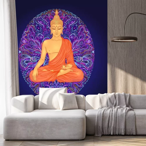 Sticker Yoga card, flyer, poster, mat design. Colorful neon template for spiritual retreat or yoga studio. Ornamental business cards, oriental pattern. Vector illustration. Sticker, patch, 60s hippie art.