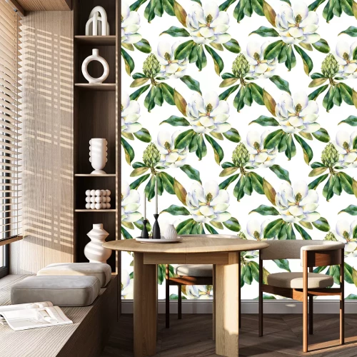 Tapete Watercolor seamless pattern with white magnolia, green leaves, botanical painting isolated on a white background, floral painting, stock illustration.