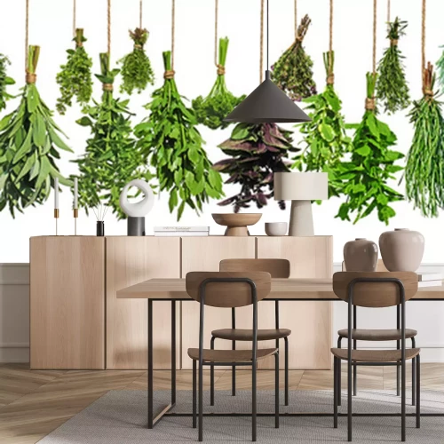 Fototapete Hängende Kräutersträuße auf weißem Hintergrund