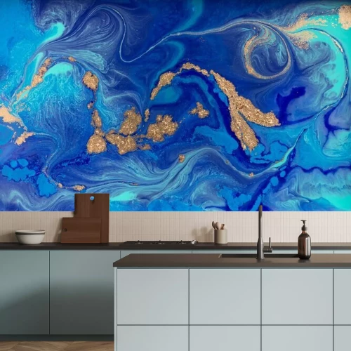 Fototapete Flüssiger blauer und gelber Marmor