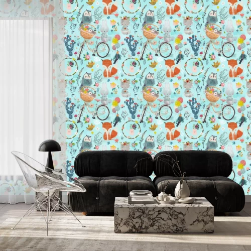 Tapete Eulen, Vögel und Pastellhasen