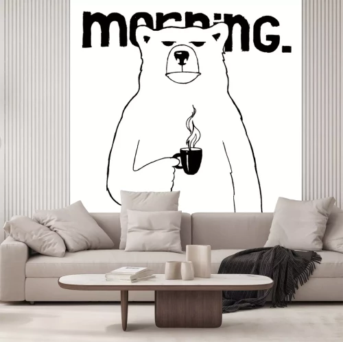 Sticker Lustiger Bär mit einer Tasse dampfenden Kaffees