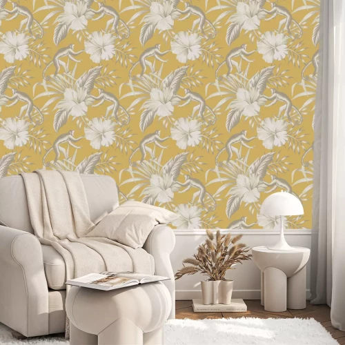 Tapete Beigefarbene Blumen und Affen auf gelbem Vintage-Hintergrund
