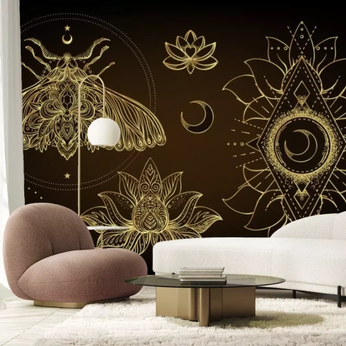 Sticker Vector ornamental Lotus flower, ethnic art, patterned Indian paisley. Hand drawn illustration isolated. Invitation. Golden stickers, flash temporary tattoo, mehndi symbol. Gold gradient over black.