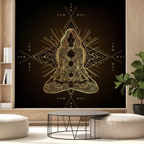 Sticker Vector ornamental Lotus flower, ethnic art, patterned Indian paisley. Hand drawn illustration isolated. Invitation. Golden stickers, flash temporary tattoo, mehndi symbol. Gold gradient over black.