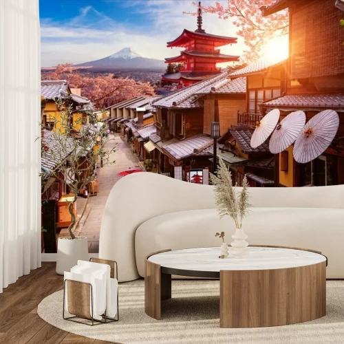 Fototapete Japanische Straße mit Pagode und dem Fuji