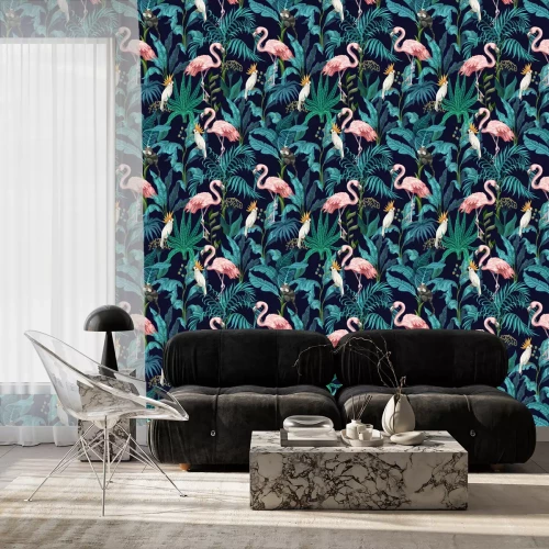 Tapete Seamless pattern with jungle trees, flamingo and parrots. Vector.