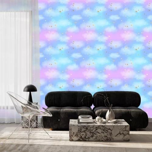 Tapete Seamless bright blue and lilac sky pattern with gold constellations, stars and watercolor clouds