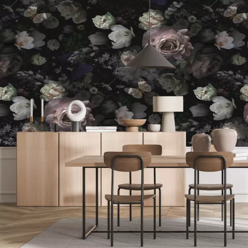 Fototapete Beautiful pink roses and garden flowers. Floral vintage seamless pattern.