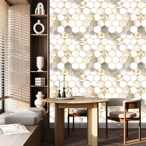 Tapete Marble hexagon seamless texture with golden leaves. Abstract background