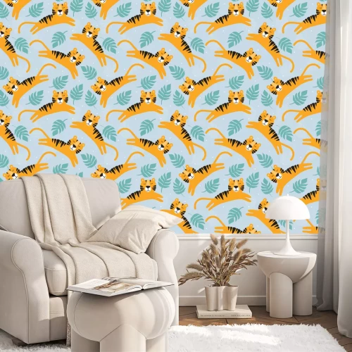 Tapete Tigers, leaves, hand drawn backdrop. Colorful seamless pattern with animals. Decorative cute wallpaper, good for printing. Overlapping background vector. Design illustration