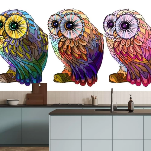 Sticker Owl. Wall sticker. Set of 3 artistic, hand-drawn, decorative multicolored owls on a white background.