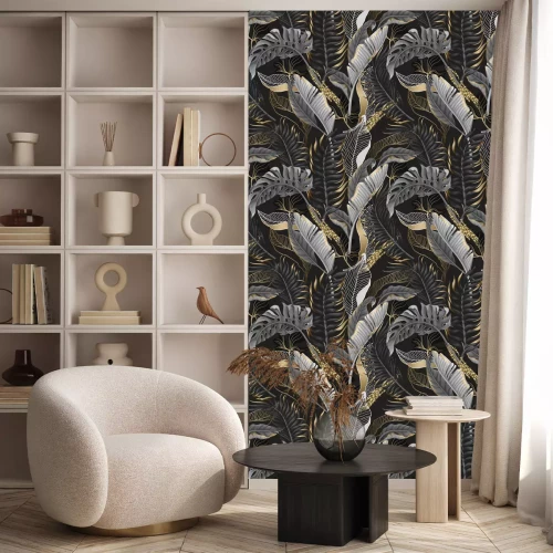 Tapete Blätter in Schwarz- und Goldimitationen