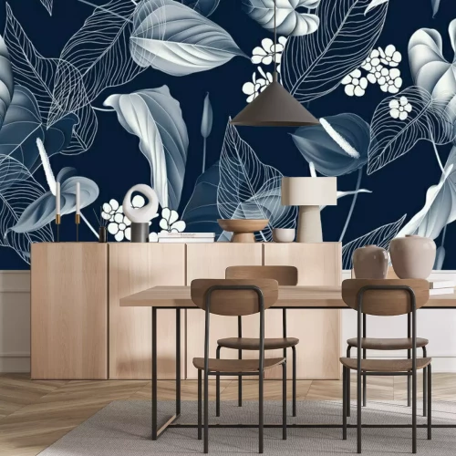 Sticker Floral seamless pattern, Anthurium flowers with leaves in blue tone on dark blue