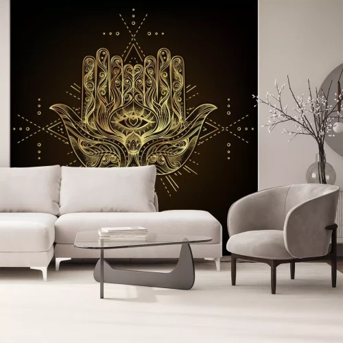 Sticker Vector ornamental Lotus flower, ethnic art, patterned Indian paisley. Hand drawn illustration isolated. Invitation. Golden stickers, flash temporary tattoo, mehndi symbol. Gold gradient over black.