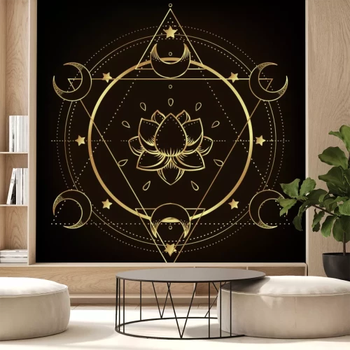 Sticker Vector ornamental Lotus flower, ethnic art, patterned Indian paisley. Hand drawn illustration isolated. Invitation. Golden stickers, flash temporary tattoo, mehndi symbol. Gold gradient over black.