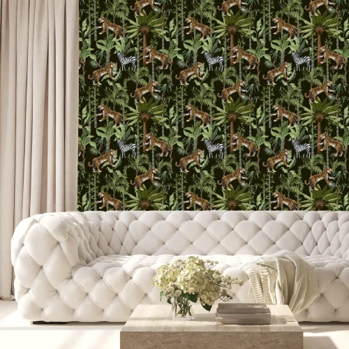 Tapete Zebras und Tiger auf einem Hintergrund aus tropischen Pflanzen