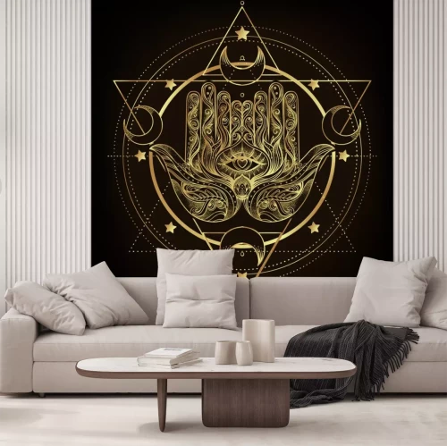 Sticker Vector ornamental Lotus flower, ethnic art, patterned Indian paisley. Hand drawn illustration isolated. Invitation. Golden stickers, flash temporary tattoo, mehndi symbol. Gold gradient over black.