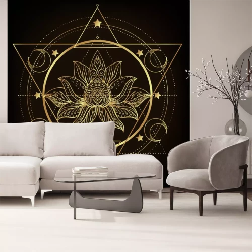 Sticker Vector ornamental Lotus flower, ethnic art, patterned Indian paisley. Hand drawn illustration isolated. Invitation. Golden stickers, flash temporary tattoo, mehndi symbol. Gold gradient over black.